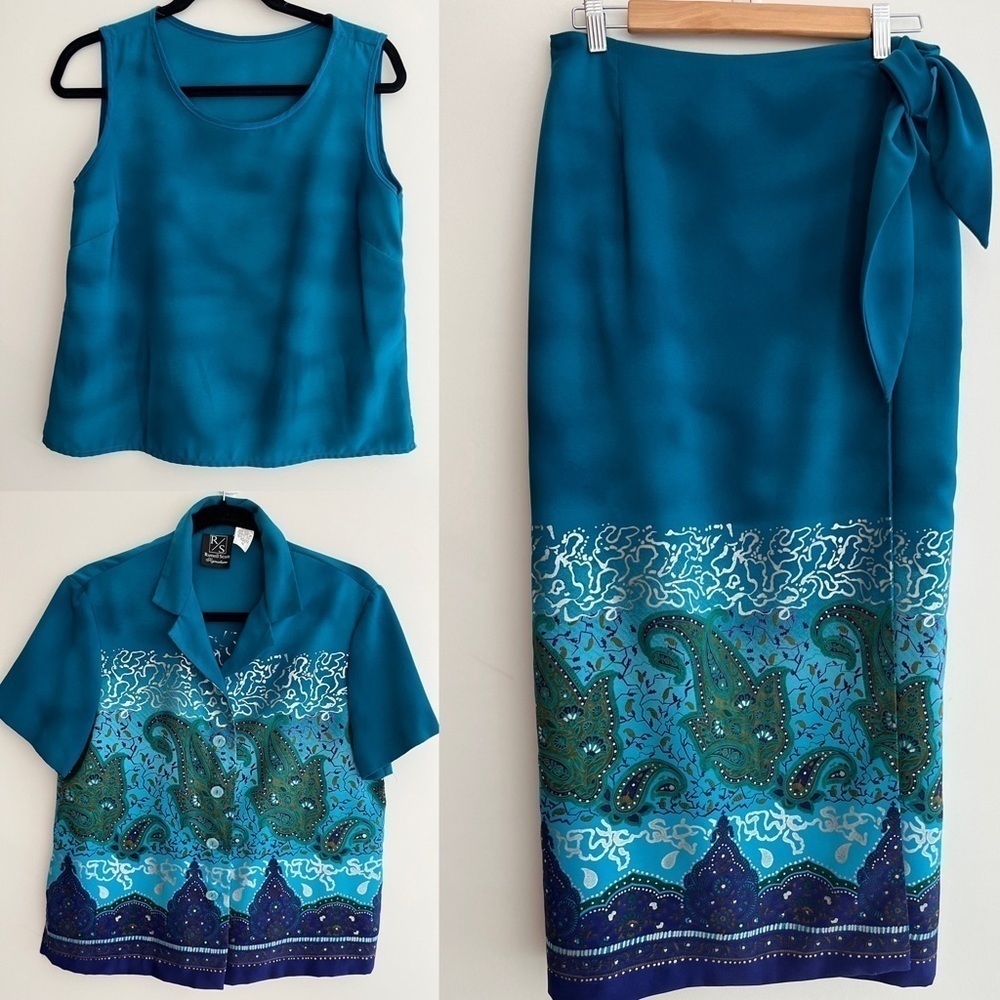RUSSELL SCOTT 3 Piece Separates Tank Lined Wrap Maxi Skirt Button Front Blouse